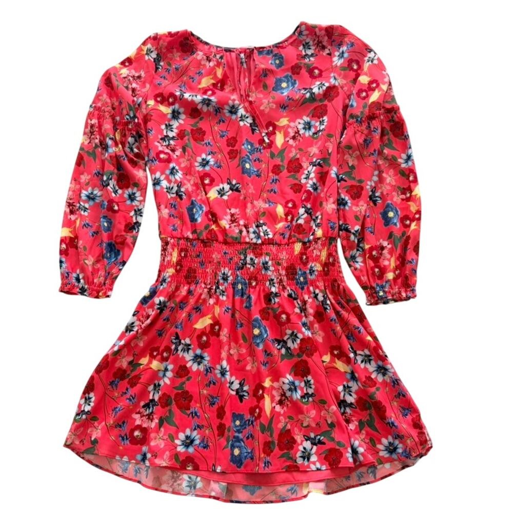 Parker Floral Coral Pink Drop Dress Medium Sundress Mini Keyhole Loose Stretch